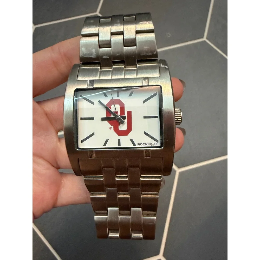Rockwell Oklahoma Sooners OU Stainless Steel Rectangle Quartz Watch Silver Tone